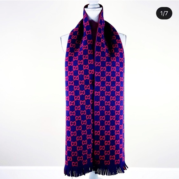 NWT Gucci 100% wool scarf navy red GG logo new - Picture 1 of 8